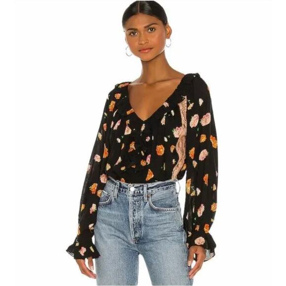 Free People Poppy Printed Bodysuit Black Combo - Picture 1 of 12